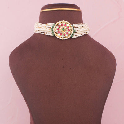 Classic White Beaded Choker With Floral Design