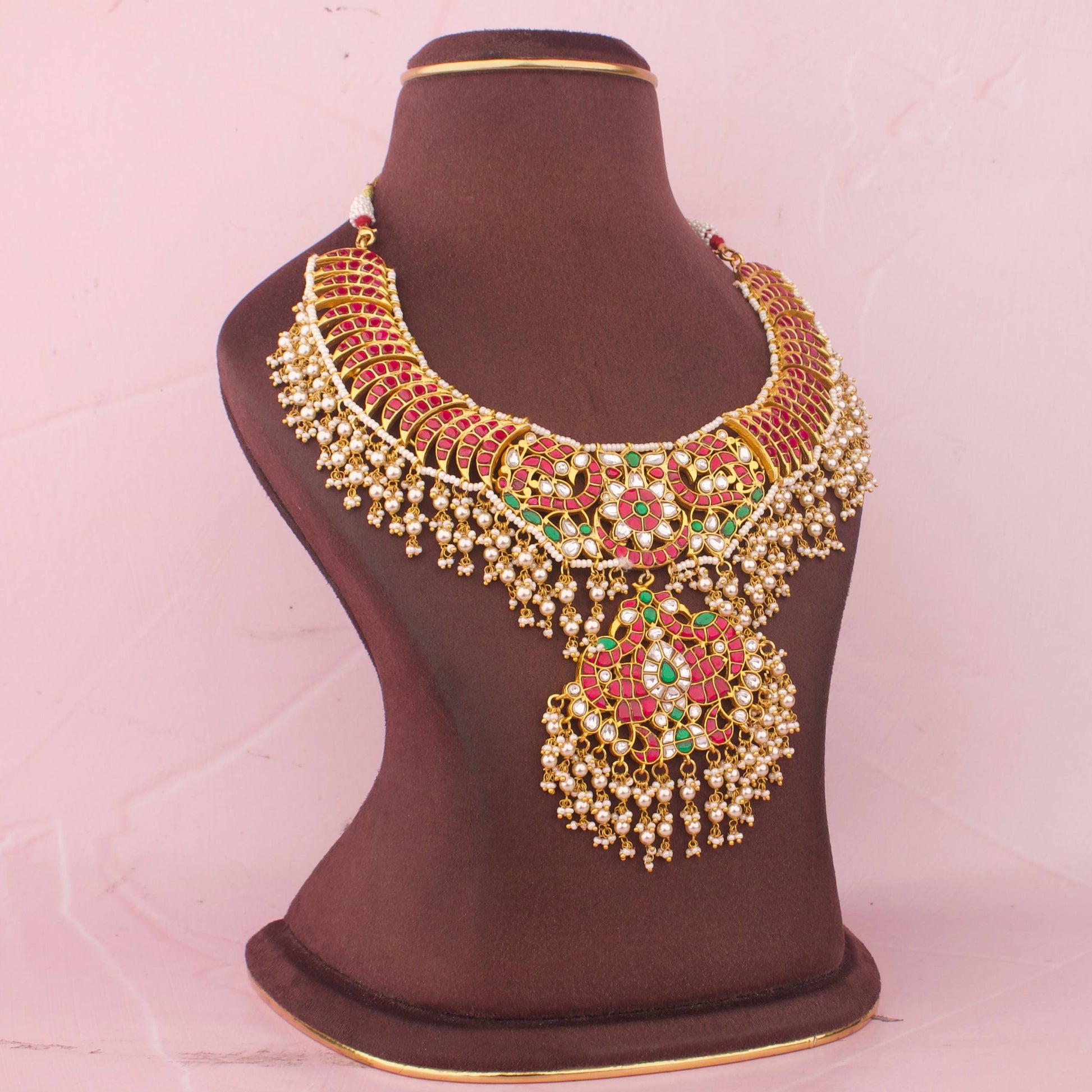 Side view of premium Royal Jadau Kundan Necklace With Guttapusalu Hangings for bridal fashion looks