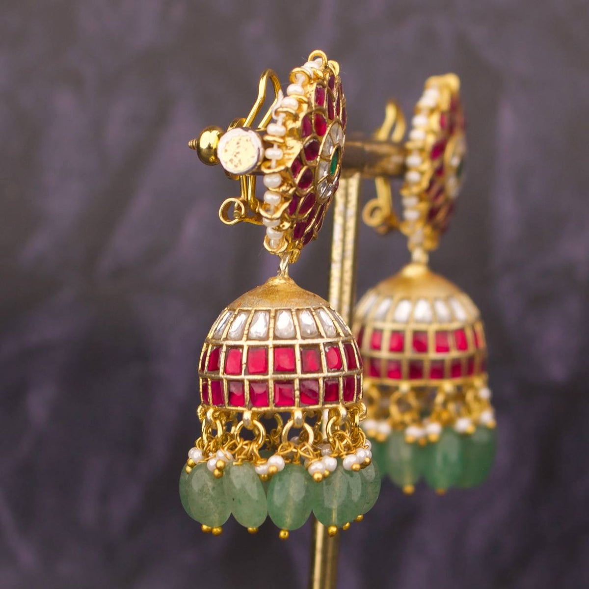 Floral Studded Jadau Kundan Bridal Jhumka Earrings - Alternate View 1