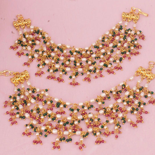 Premium Guttapusalu Ricepearl Champasaralu Ear Chain adorned with ruby stones for bridal wedding