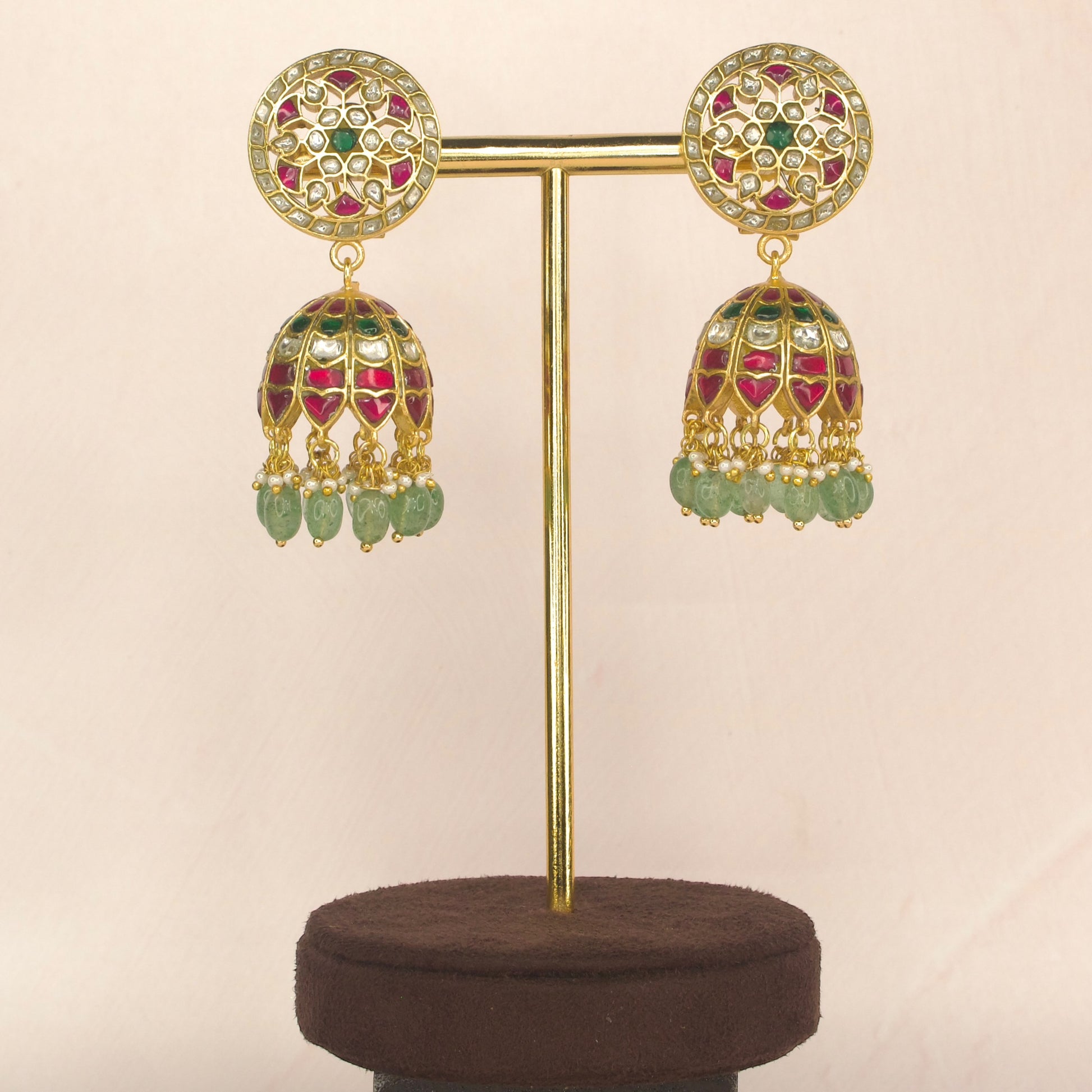 Regal Grandeur Ruby & Emerald Jadau Kundan Jhumka earrings with 22k Gold plating