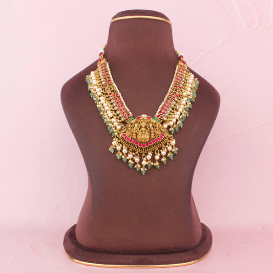 Grand Temple Style Jadau Kundan Necklace With Goddess Lakshmi Pendant