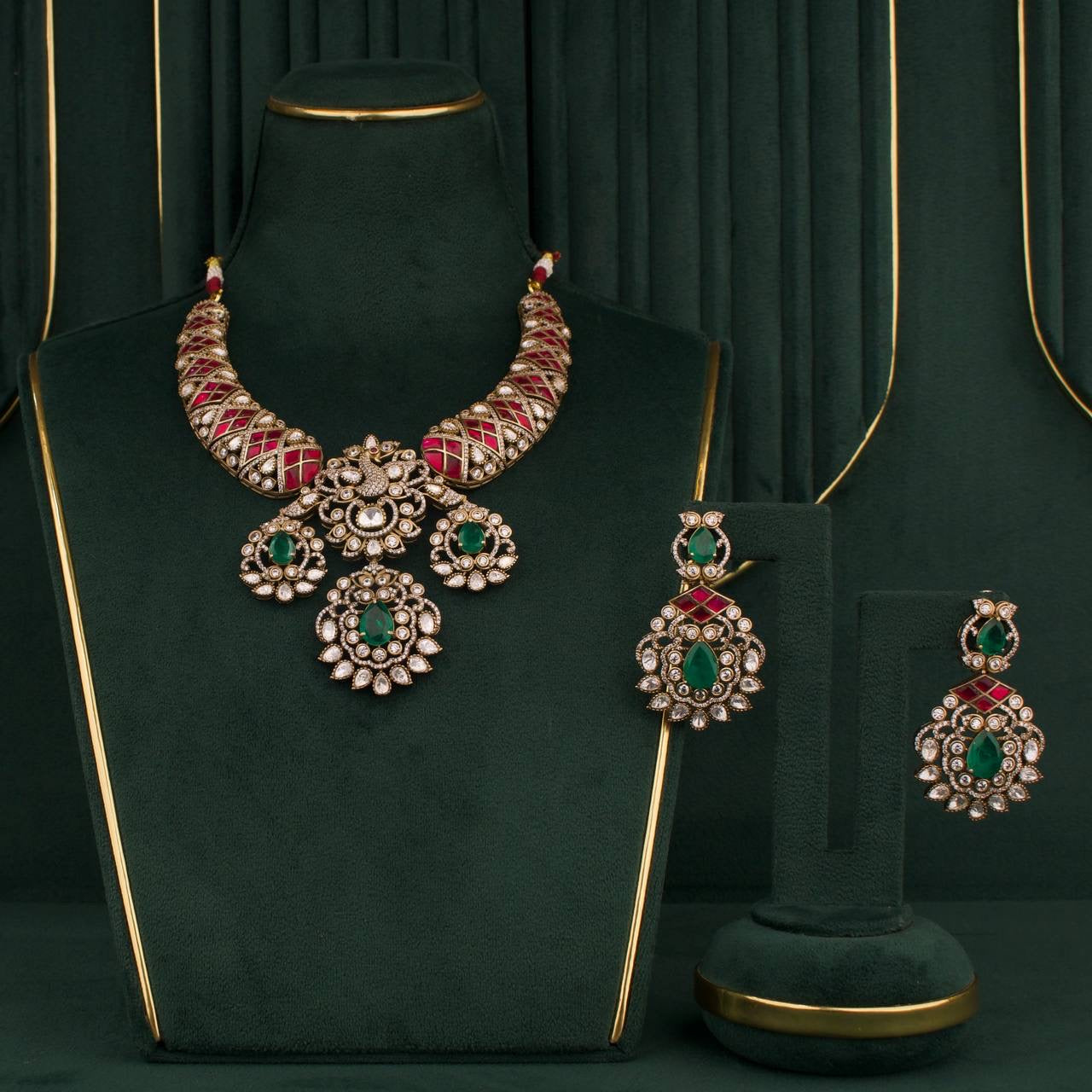 Victorian Kundan Moissanite Polki Necklace Set With Matching Earrings
