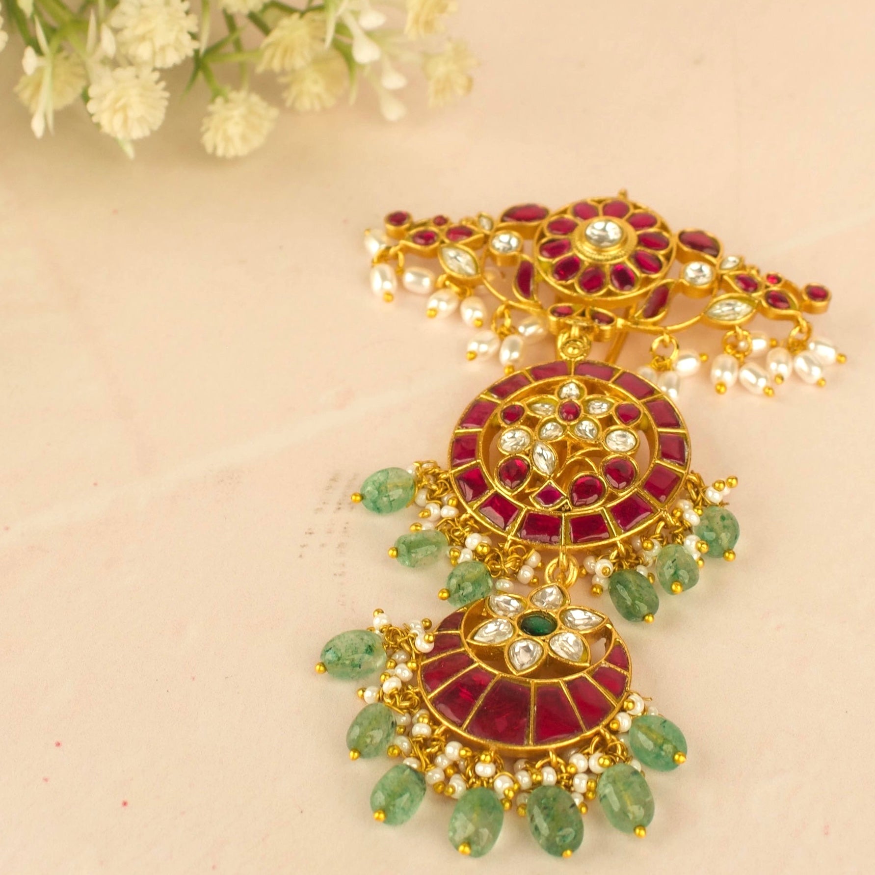 Floral Chandi Bali Design Jadau Kundan Hair Pin with Green Beads