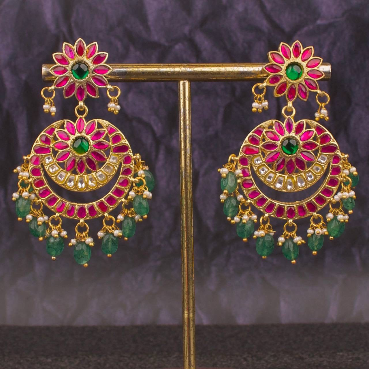 Floral Studded Bridal Chandbali Earrings With Beads Hangings