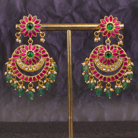 Floral Studded Bridal Chandbali Earrings With Beads Hangings