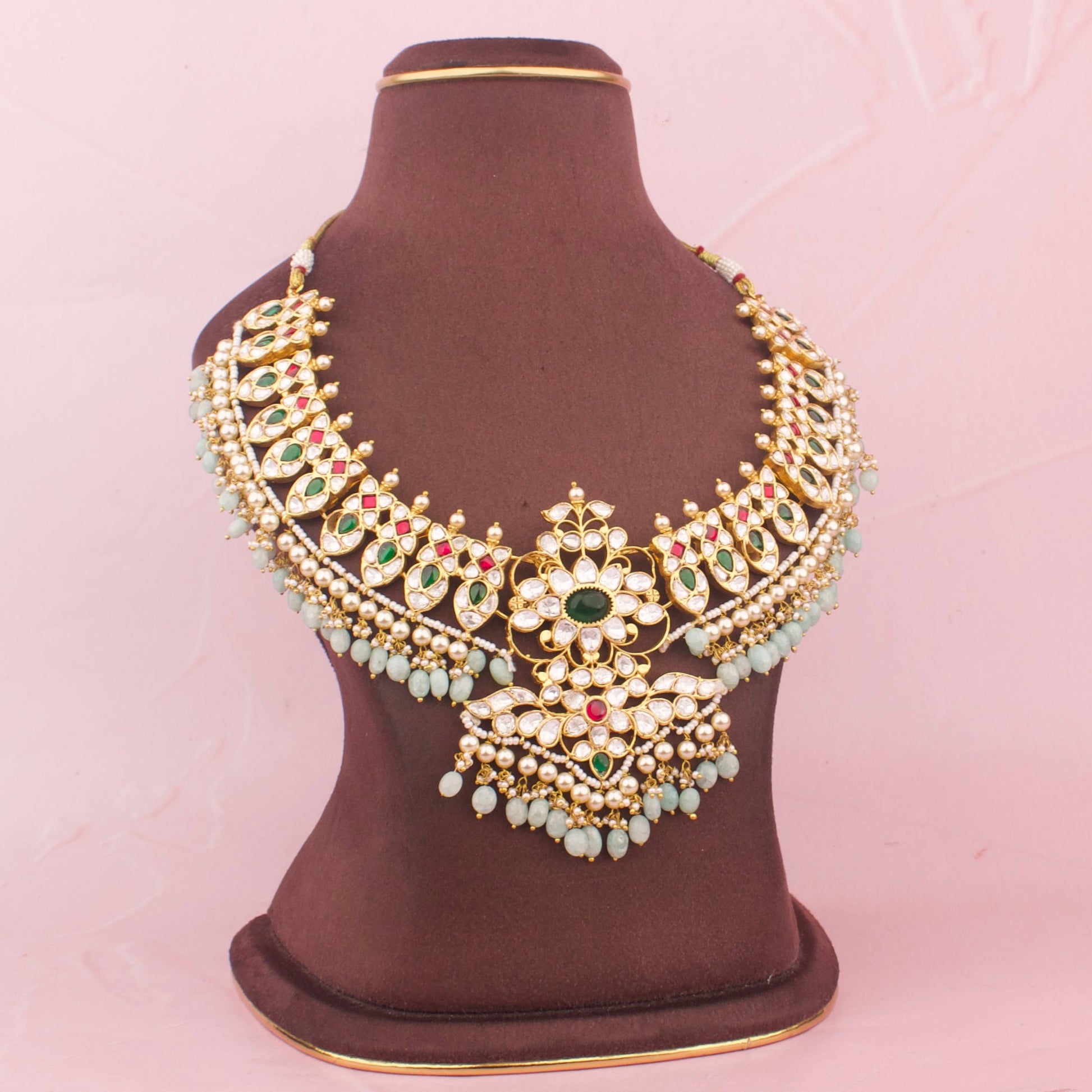 Close-Up Detail View of Grand floral Design Moissanite Polki Necklace with Green Beads | Dulhan Jewels