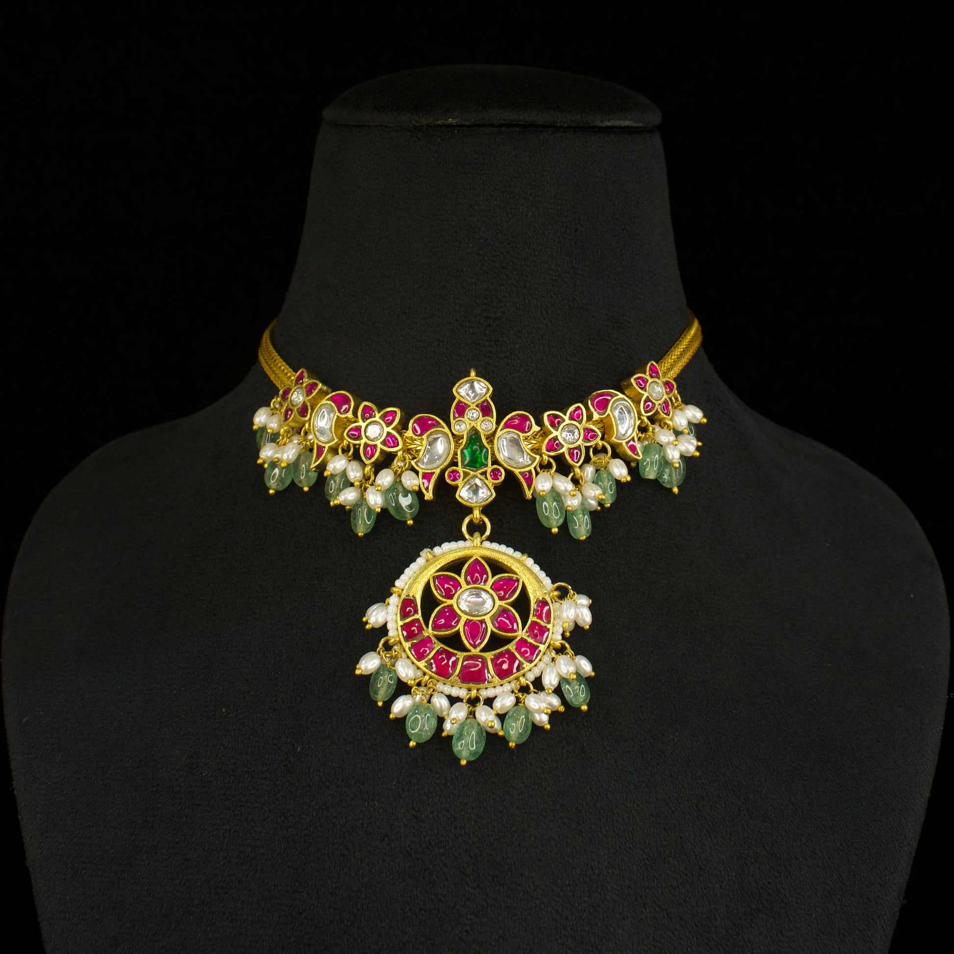 Elegant Floral Jadau Kundan Necklace with Green Beads and Pearl Accents wuth 22k gold platingThis Product Belongs to Jadau Kundan Jewellery Category
