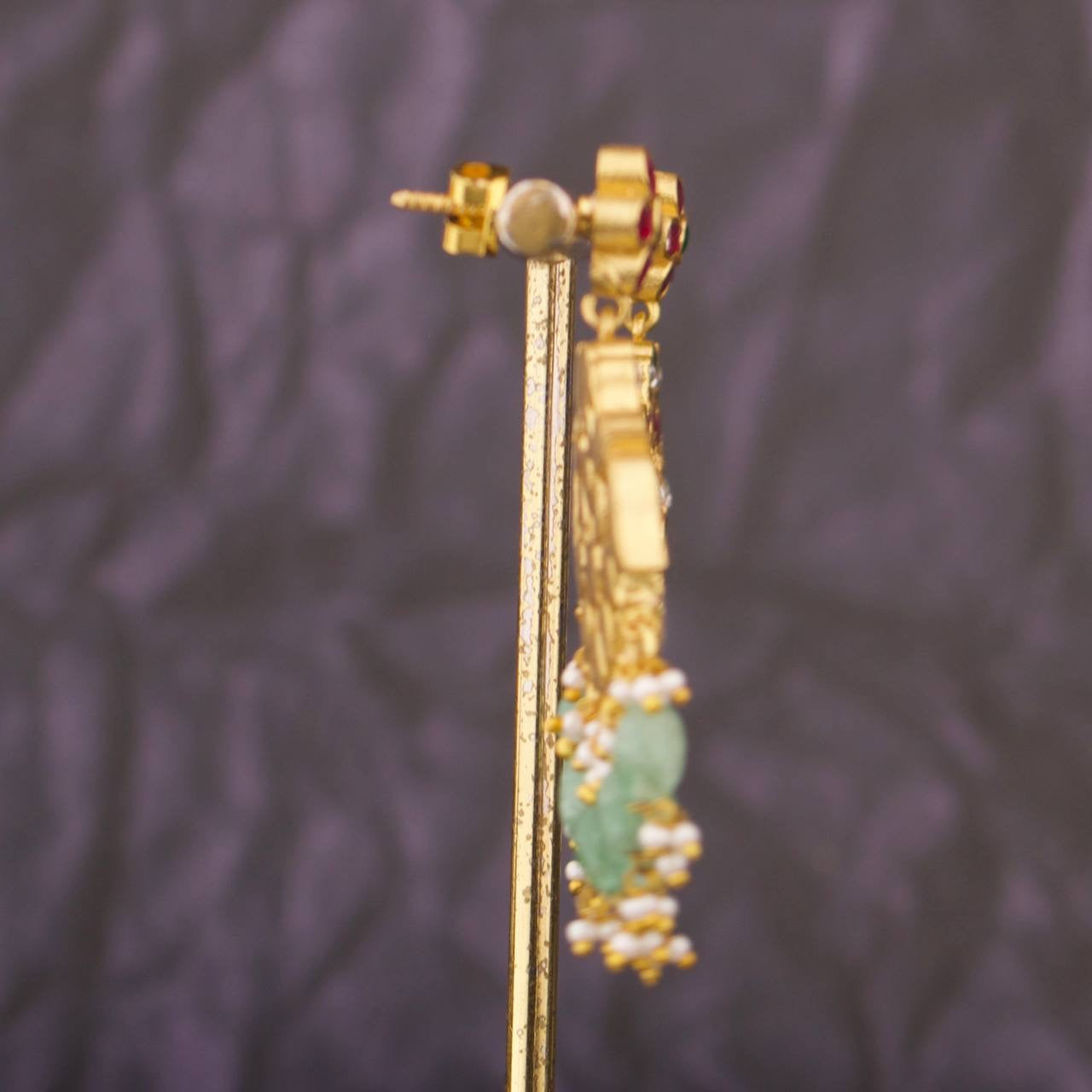 Traditional Jadau Kundan Chandbali with Emerald Green Beads