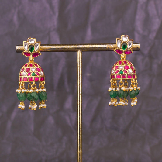 Regal Jadau Kundan Jhumka Earrings With Green Beads
