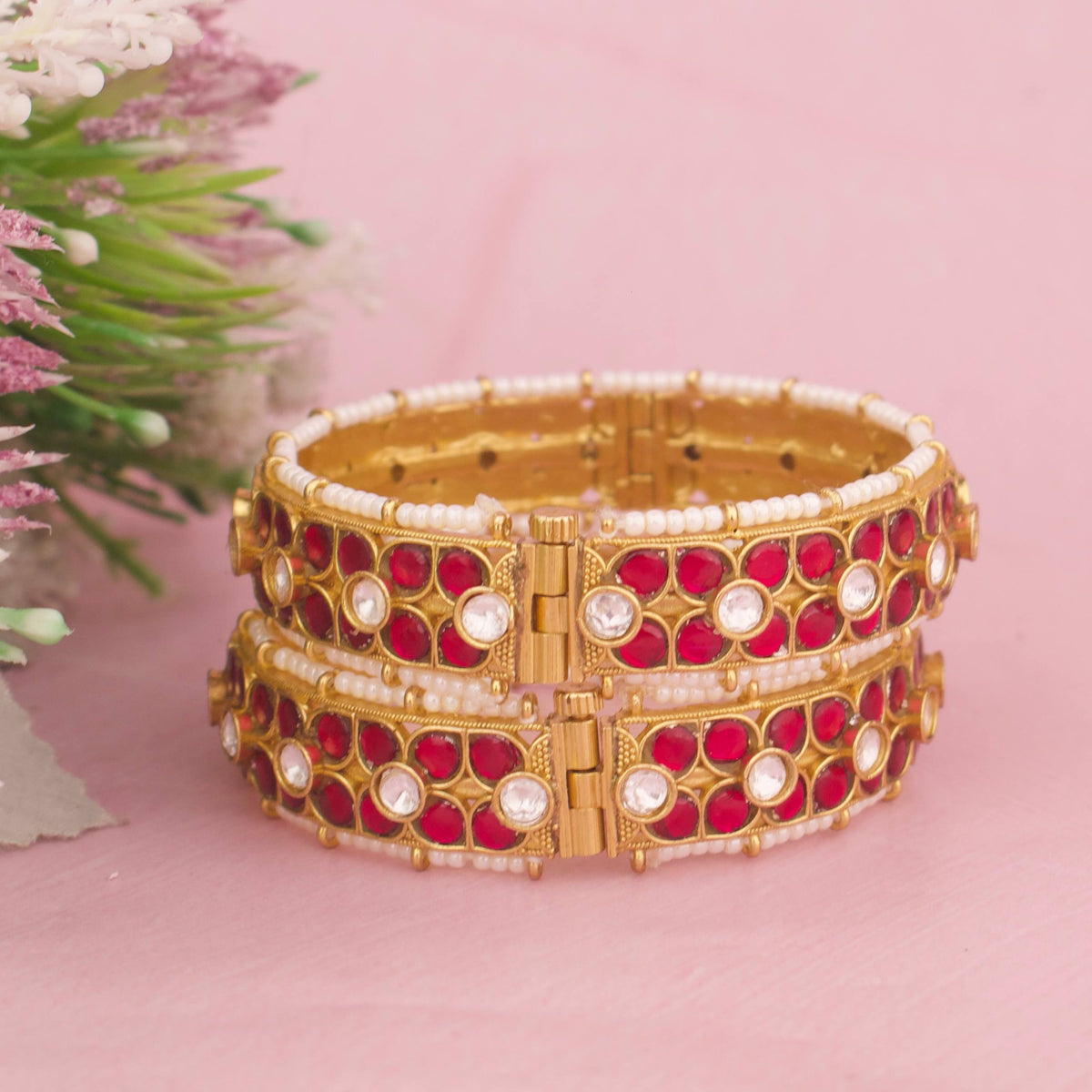 Gold Style Jadau Kundan Floral Bangles