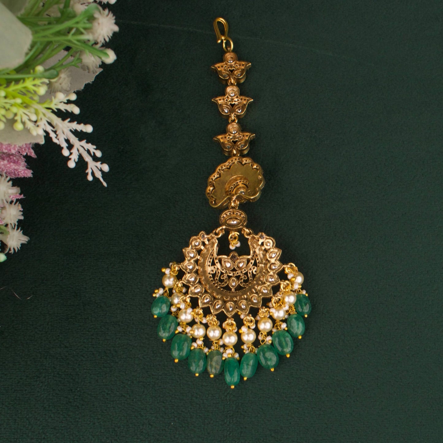 Elegant Victorian Maang Tikka With Pearl And Emerald Hangings