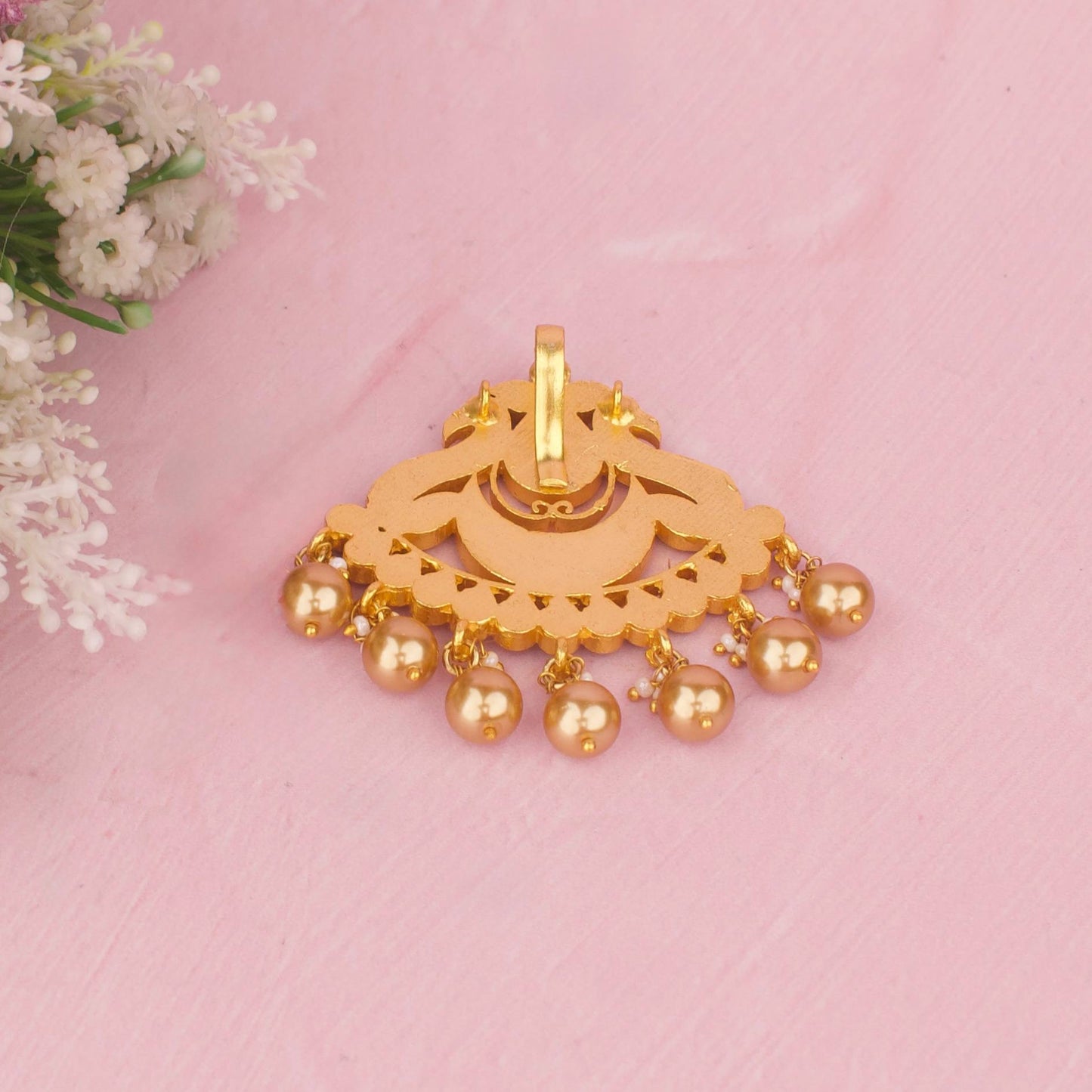 Designer Chand Motif Jadau Kundan Pendant With Golden Drops