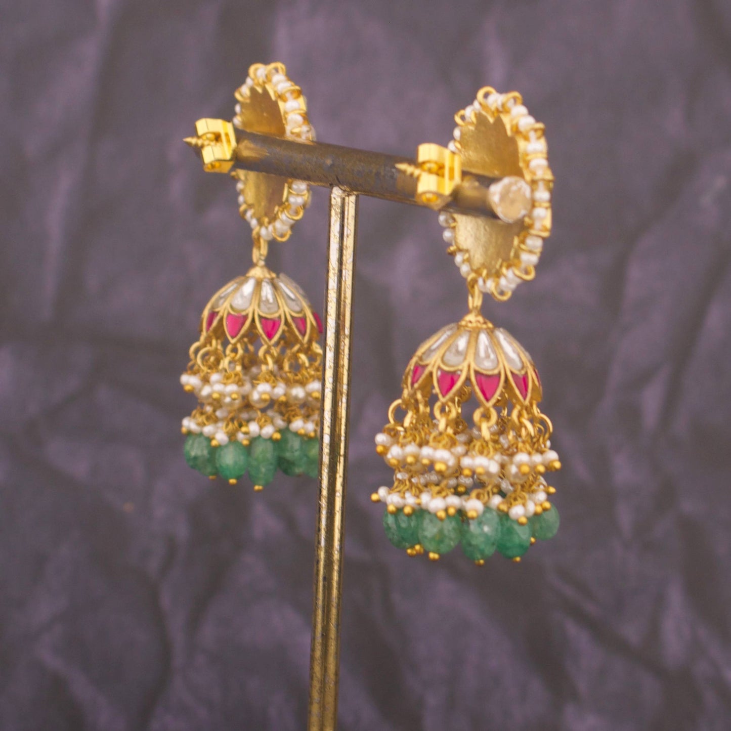 Regal Jadau Kundan Jhumki Earrings With Green Danglings
