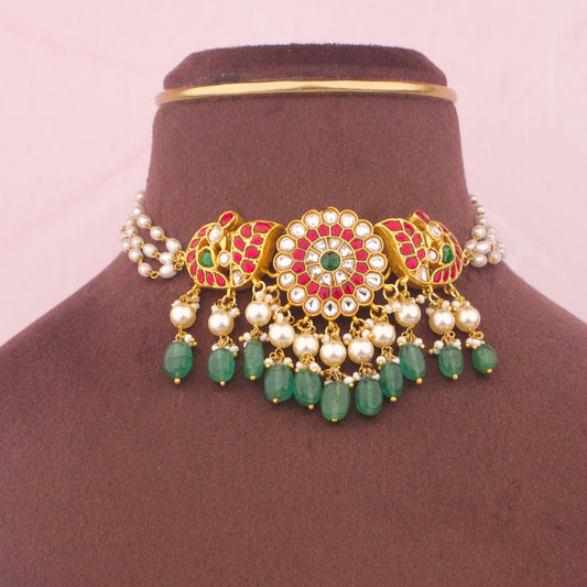Elegant Jadau Kundan Choker With Pearl Hangings