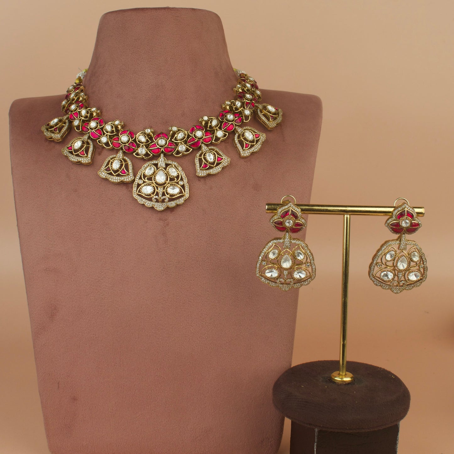 Regal Bells: Victorian Polki Necklace Set with Intricate Detailing