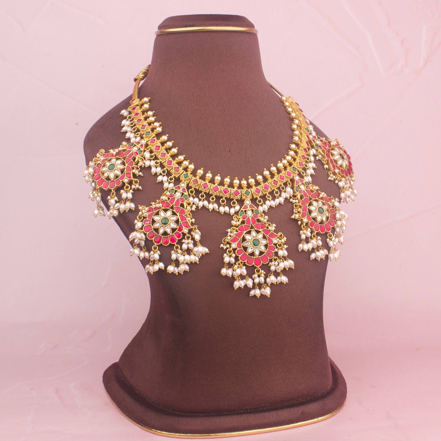 Close-Up Detail View of Traditional Jadau Kundan Guttapusalu Necklace with Freshwater Rice Pearls | Dulhan Jewels