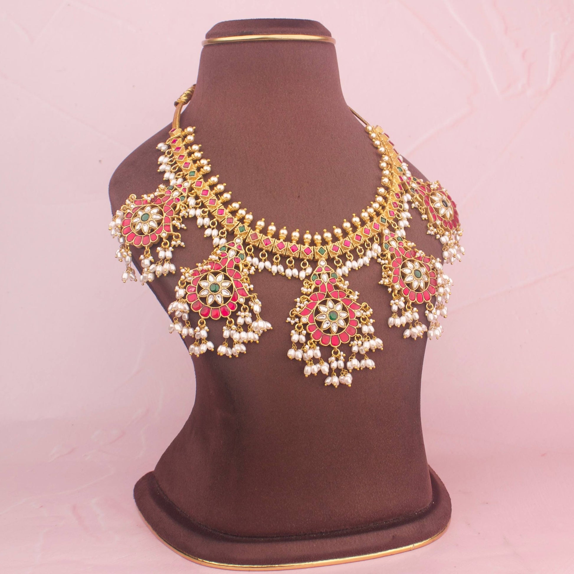 Close-Up Detail View of Traditional Jadau Kundan Guttapusalu Necklace with Freshwater Rice Pearls | Dulhan Jewels