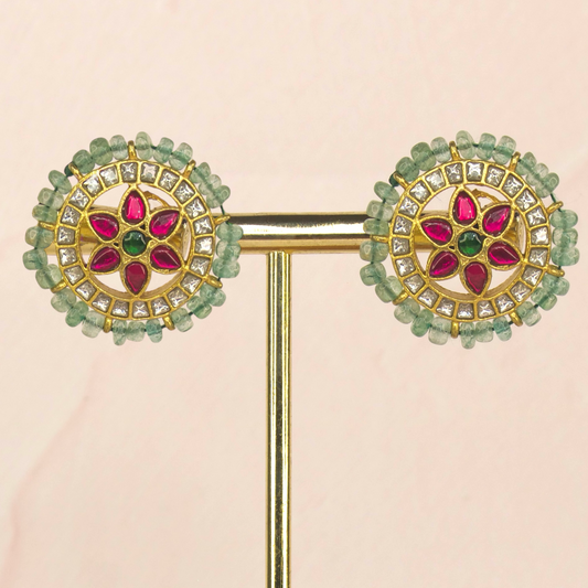 Exquisite Jadau Kundan Flower stud Earrings with Green beads