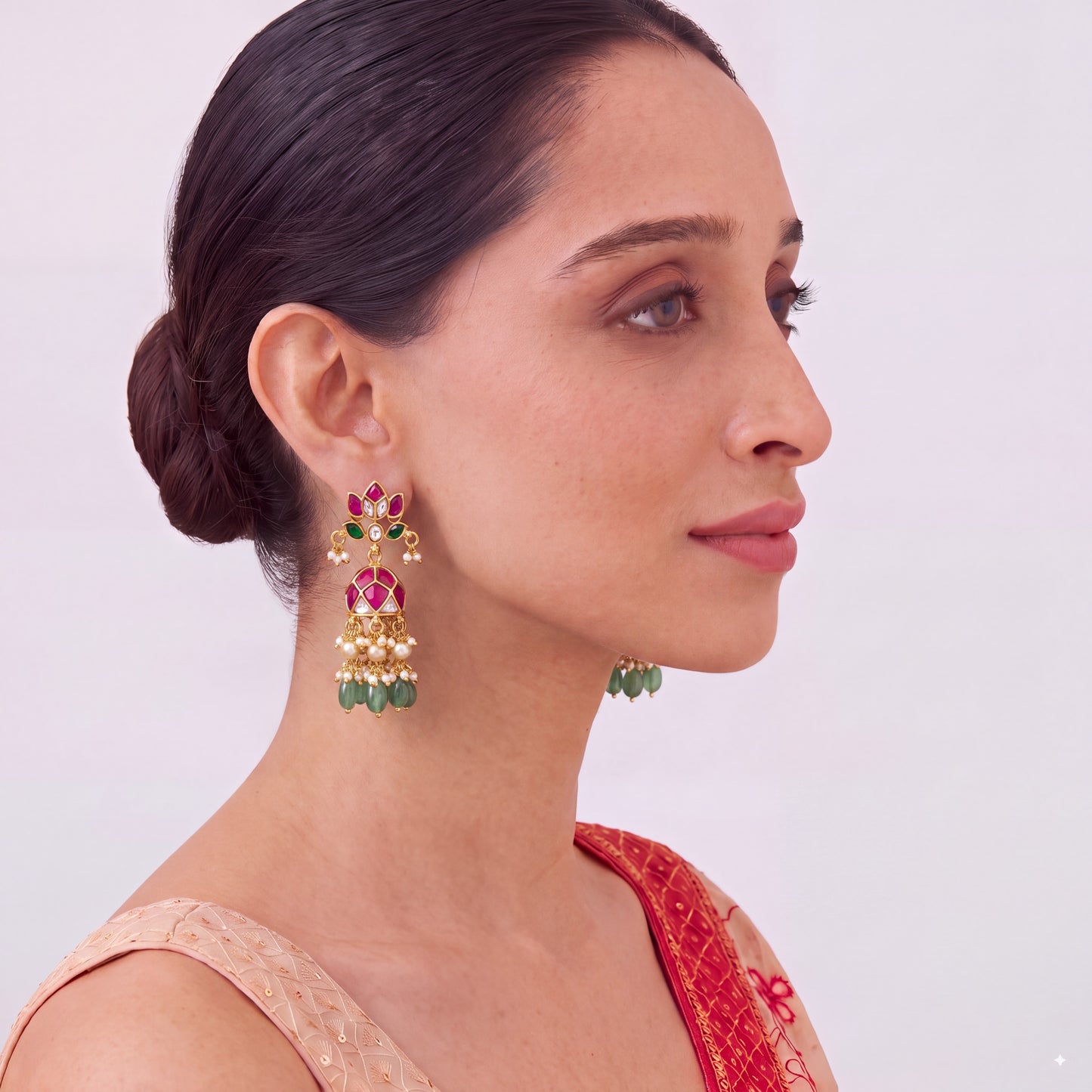 Lotus Design Jadau Kundan Jhumki Earrings With Emerald Bedas