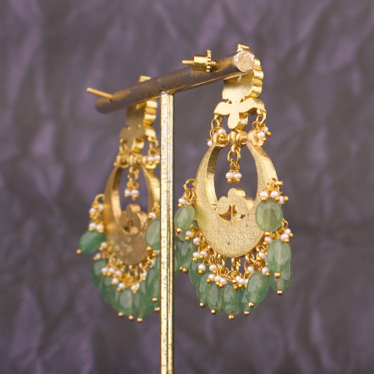 Designer Jadau Kundan Chandbali Earrings With Emerald Beads