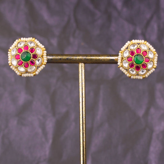 Floral Jadau Kundan Stud Earrings with Pearl Bordering