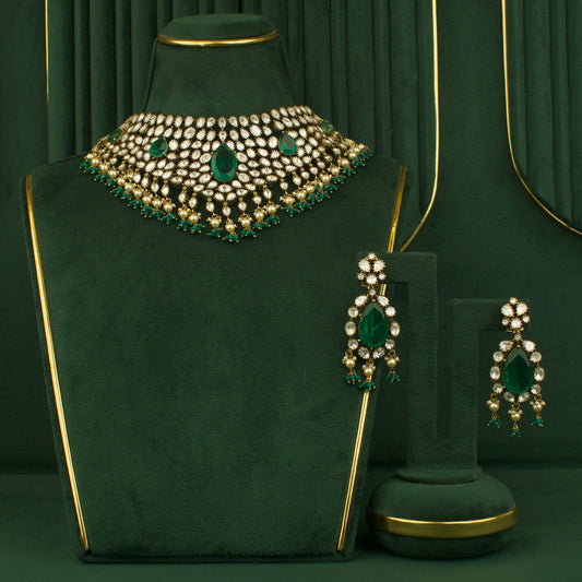 Bridal Victorian moissanite Polk choker with matching emerald earrings