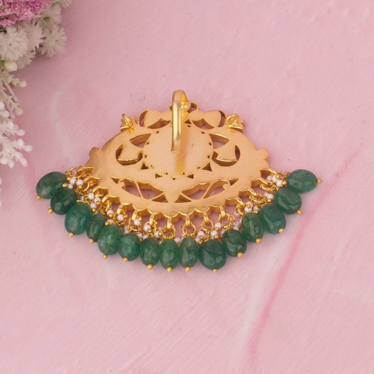 Designer Jadau Kundan Pendant With Green Hanging Beads