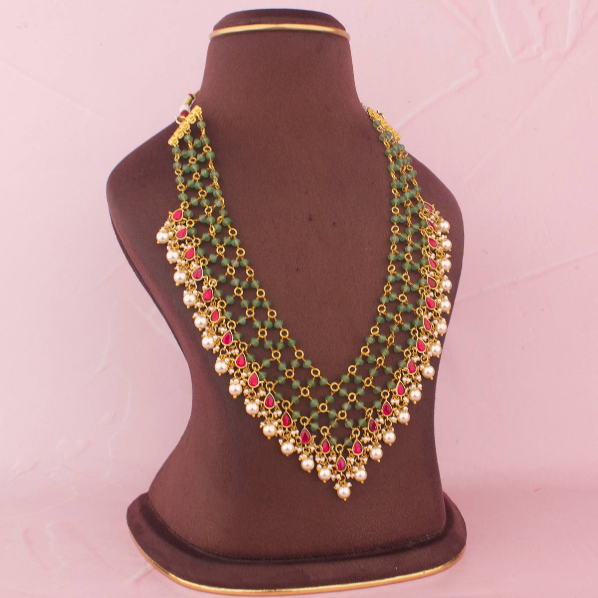 Regal Jadau Kundan Jali Necklace With Swarovski Pearls Craftsmanship & Detail View - Dulhan Jewels