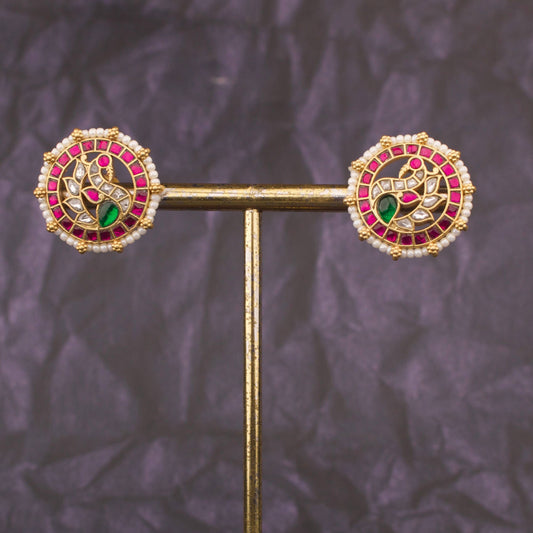 Jadau Kundan Peacock Stud Earrings With Pearl Border