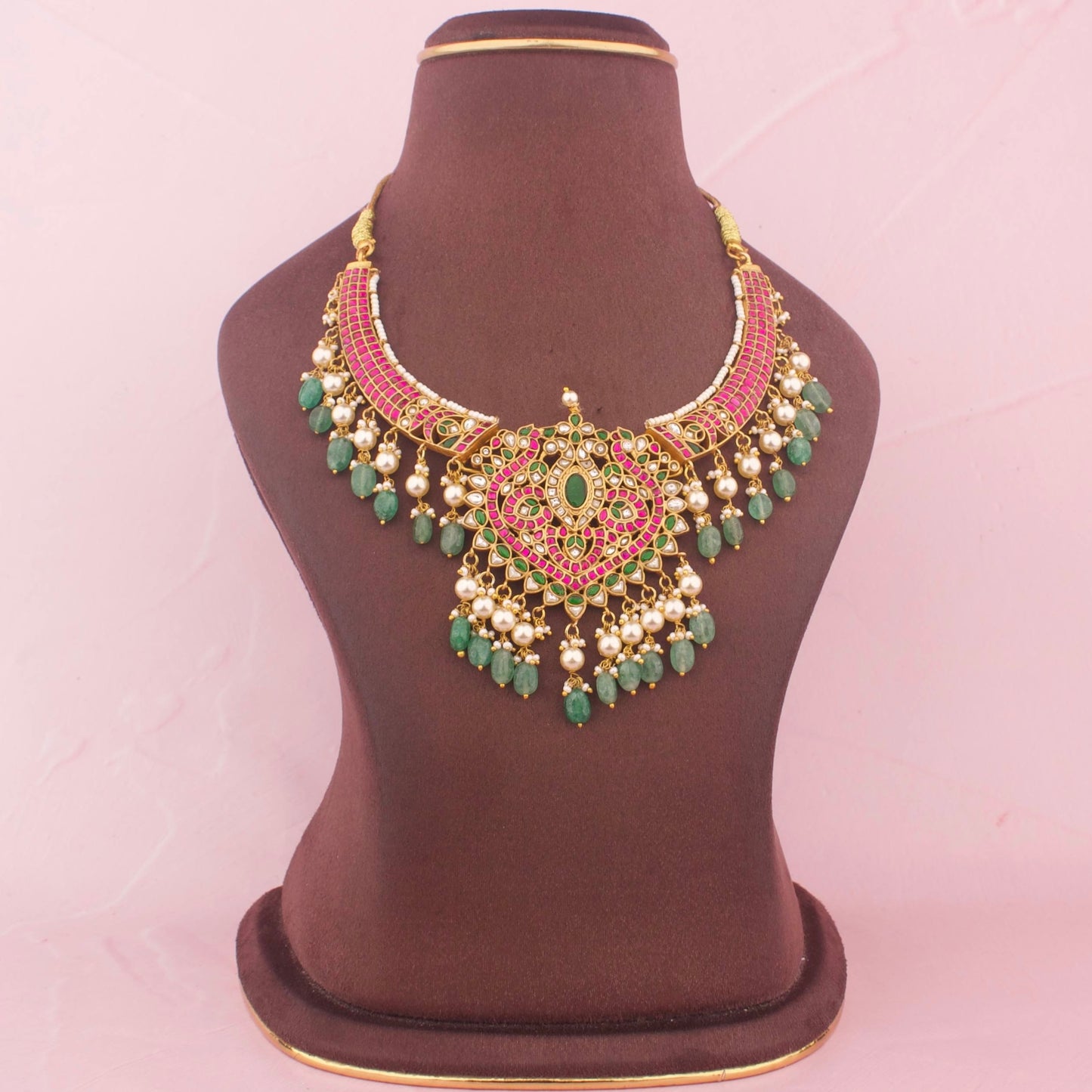 Jadau Kundan Kanti Style Necklace With Green Hangings - Handcrafted Indian Bridal Jewelry by Dulhan Jewels
