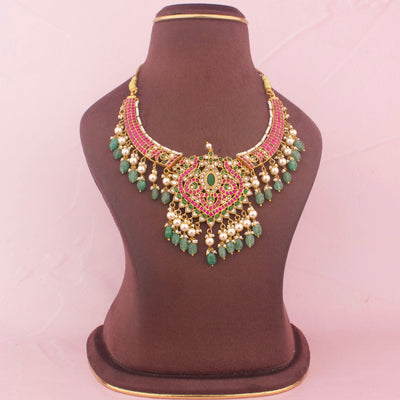 Jadau Kundan Kanti Style Necklace With Green Hangings