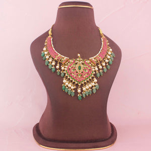 Jadau Kundan Kanti Style Necklace With Green Hangings