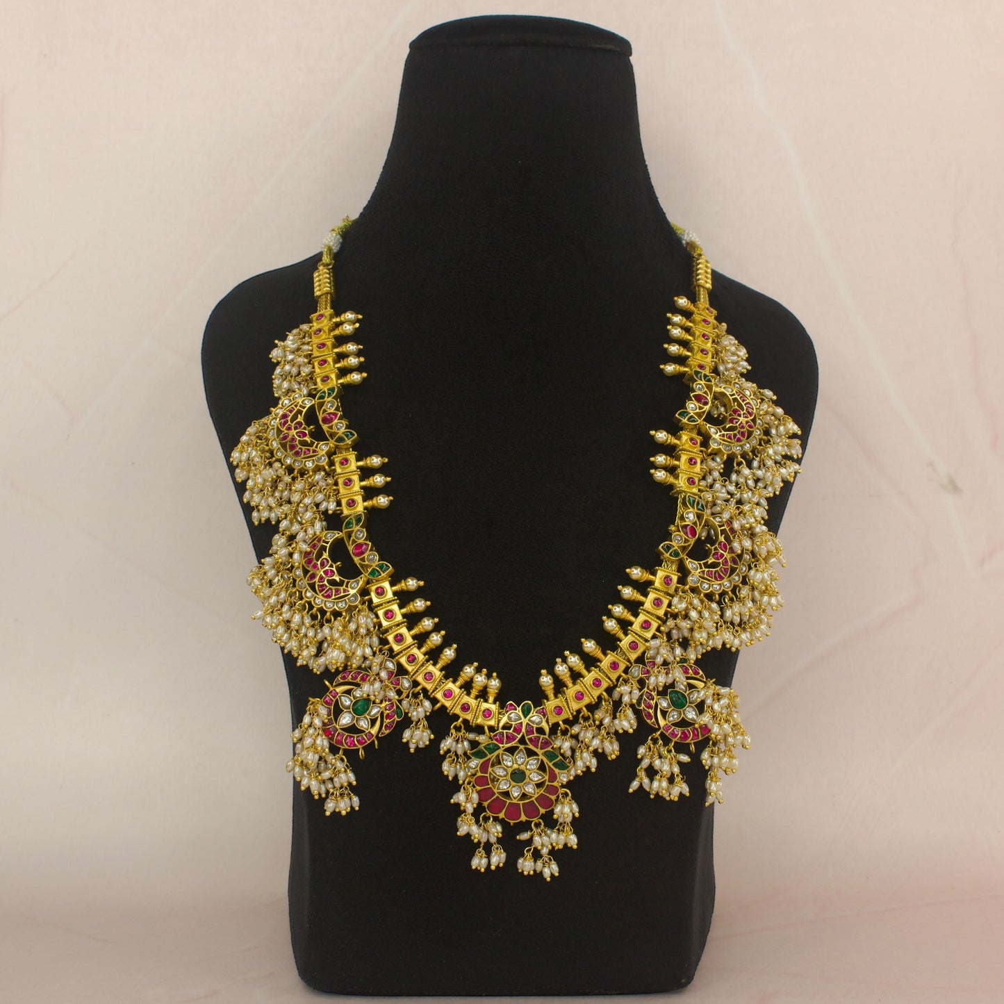 Chandbali shaped jadau kundan Guttapusalu necklace with 22k gold plating