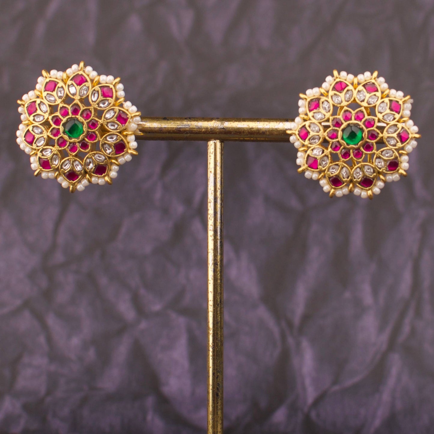 Heritage Floral Jadau Kundan Studs With Pearl Bordering