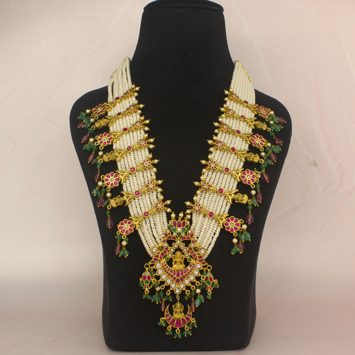 Elegant Jadau Kundan Pearl Mala Set with side lockets with 22k gold plating