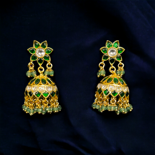 Pristine Flower shaped Green Jadau Kundan Jhumka with Beads