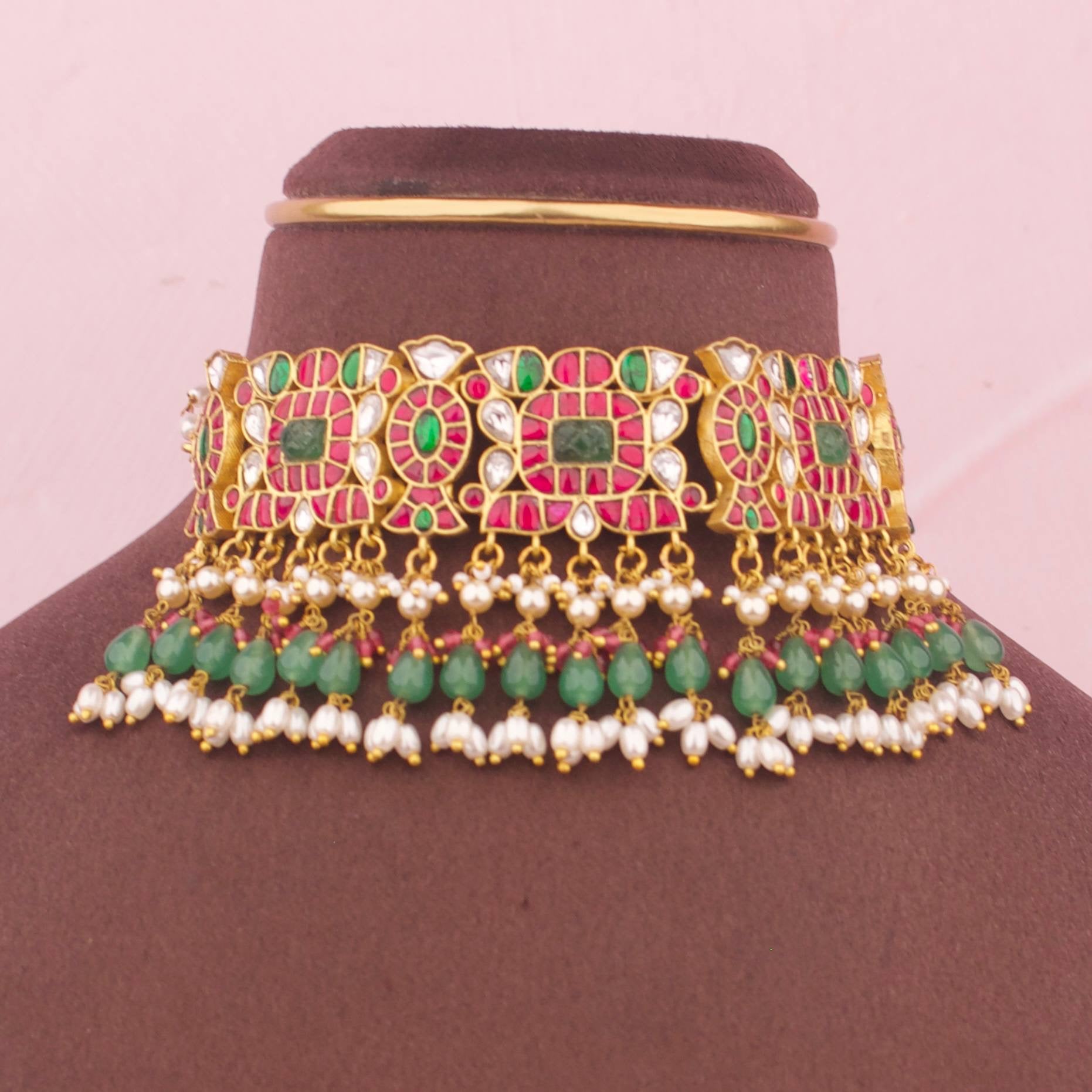 Graceful Latest Design Jadau Kundan Choker With Swarovski Pearl Hangings - Premium Indian Ethnic Jewelry | Dulhan Jewels