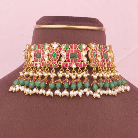 Graceful Latest Design Jadau Kundan Choker With Swarovski Pearl Hangings