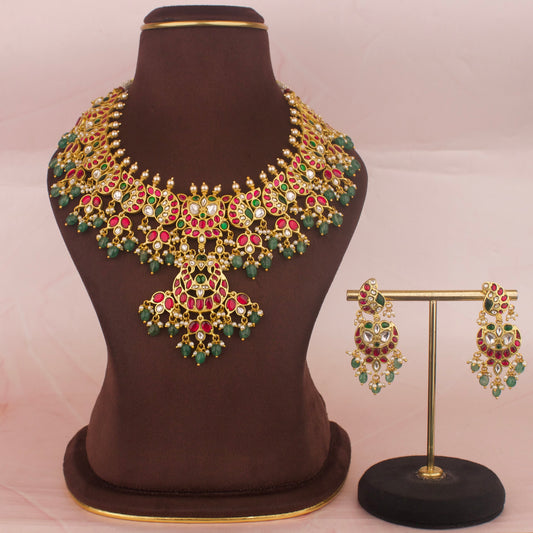 Gold Inspired Jadau Kundan Necklace Set With Earrings