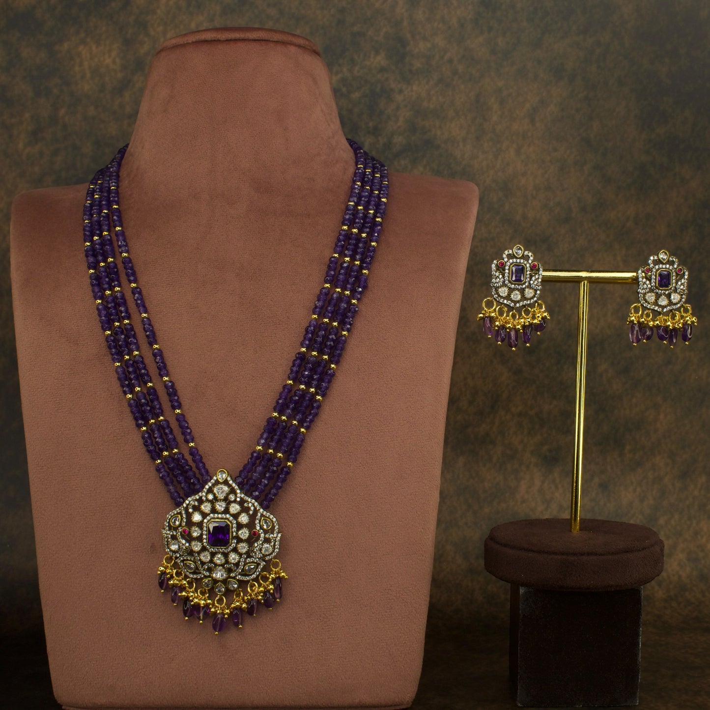 Opulent Victorian Beads Mala with Intricate Pendant and Matching Earrings with high quality victorian finish