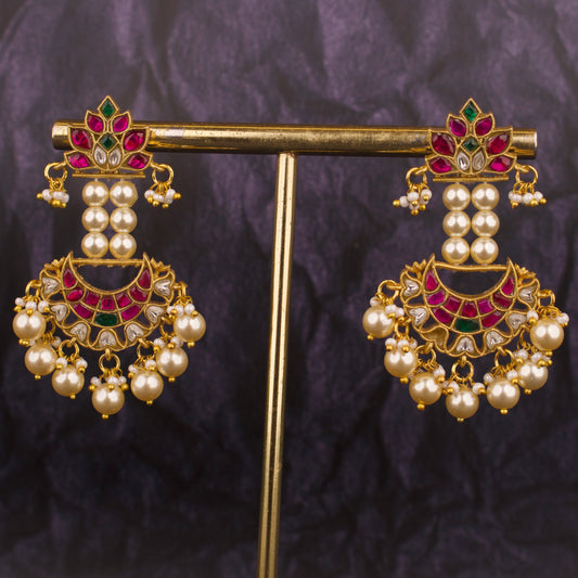 Captivating Jadau kundan Pearl Hanging Chand Bali Earrings - DULHAN JEWELS