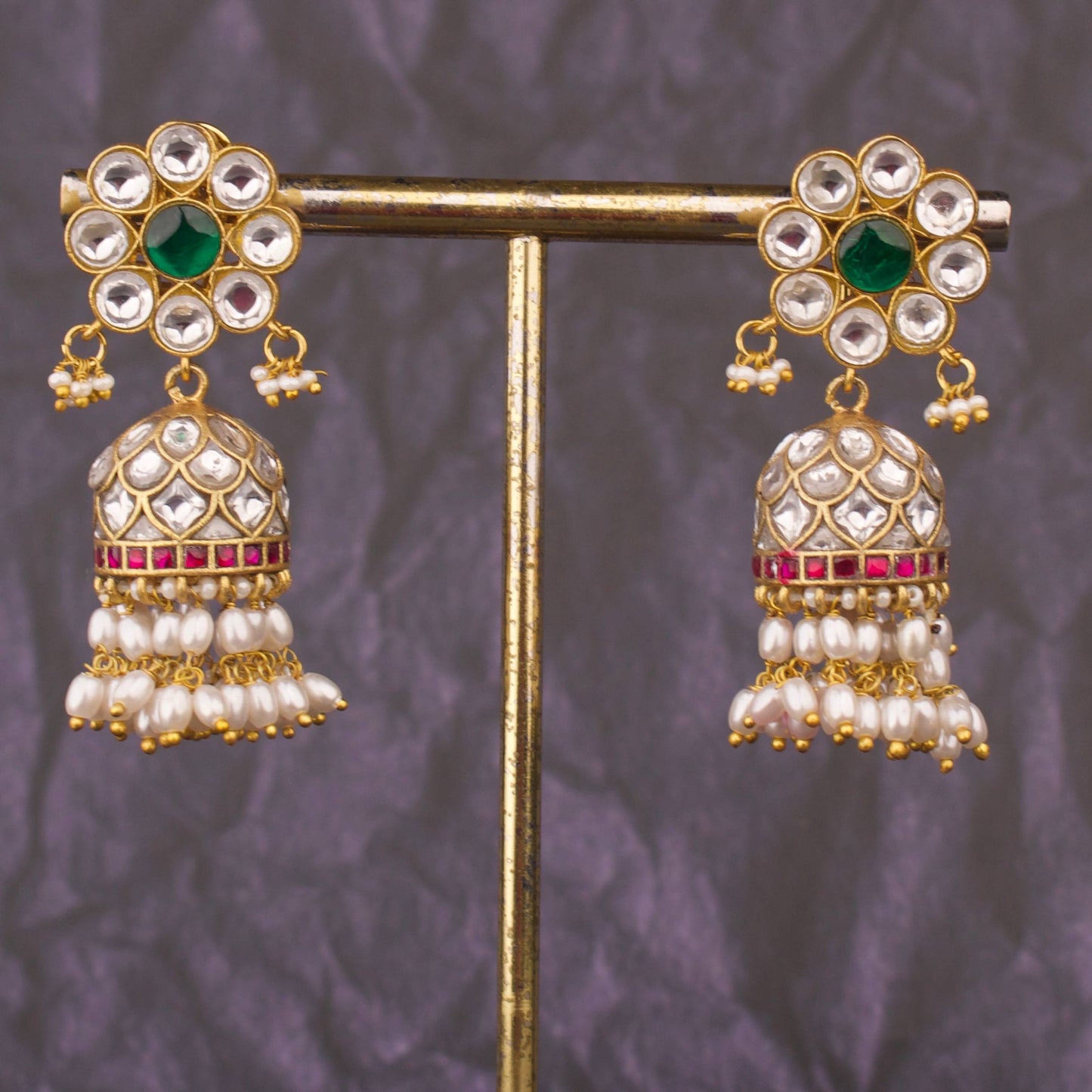 Floral Jadau Kundan Jhumka Earrings With Pearl Hangings