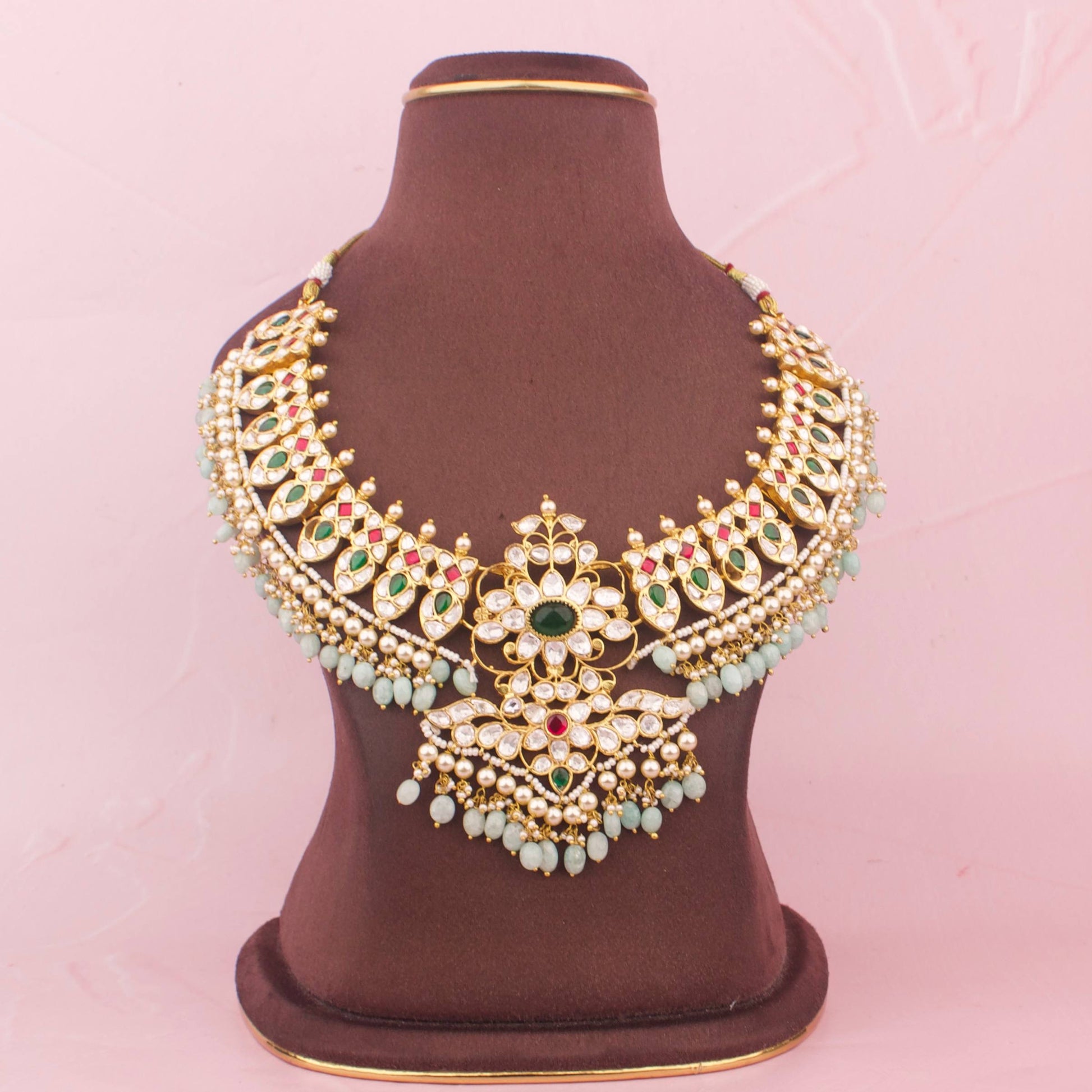 Grand floral Design Moissanite Polki Necklace with Green Beads - Premium Indian Ethnic Jewelry | Dulhan Jewels