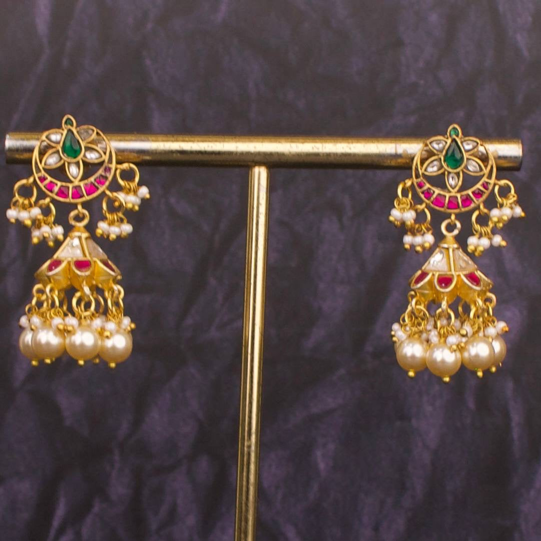 Simple Jadau Kundan Jhumki With Swarovski Pearl Hangings