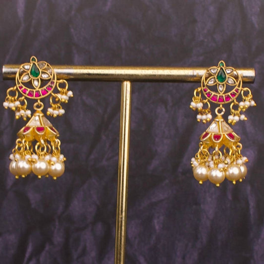 Simple Jadau Kundan Jhumki With Swarovski Pearl Hangings