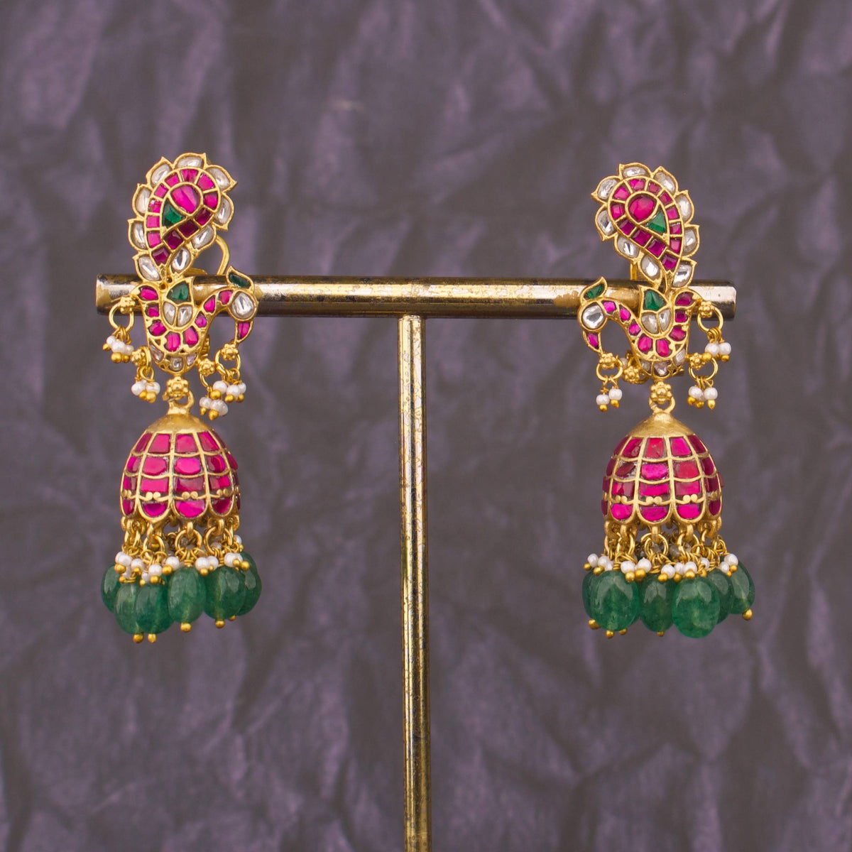 Graceful Jadau Kundan Jhumki Earrings With Emerald Beads - Alternate View 1
