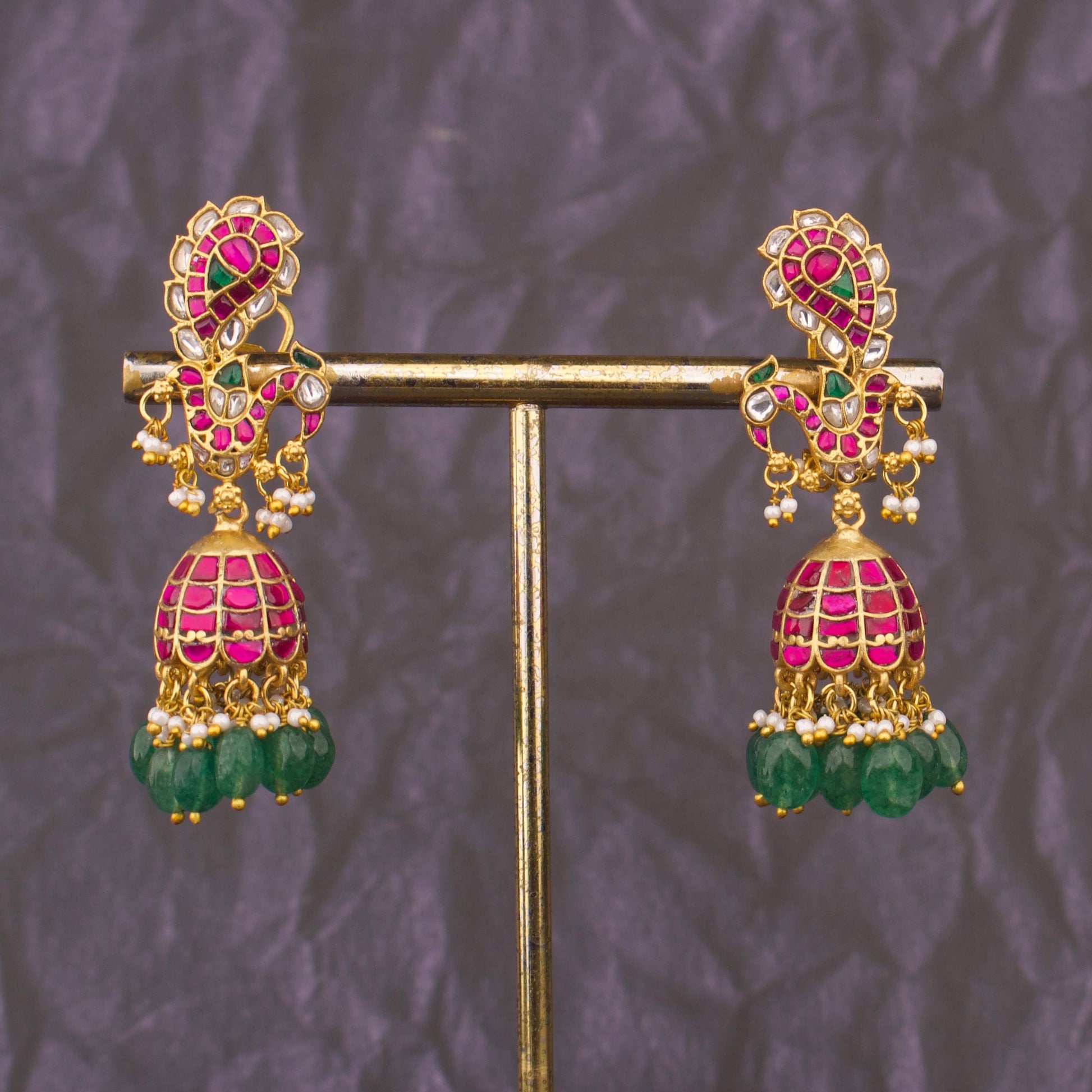 Graceful Jadau Kundan Jhumki Earrings With Emerald Beads - Alternate View 1
