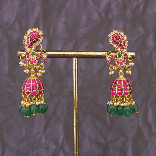 Graceful Jadau Kundan Jhumki Earrings With Emerald Beads