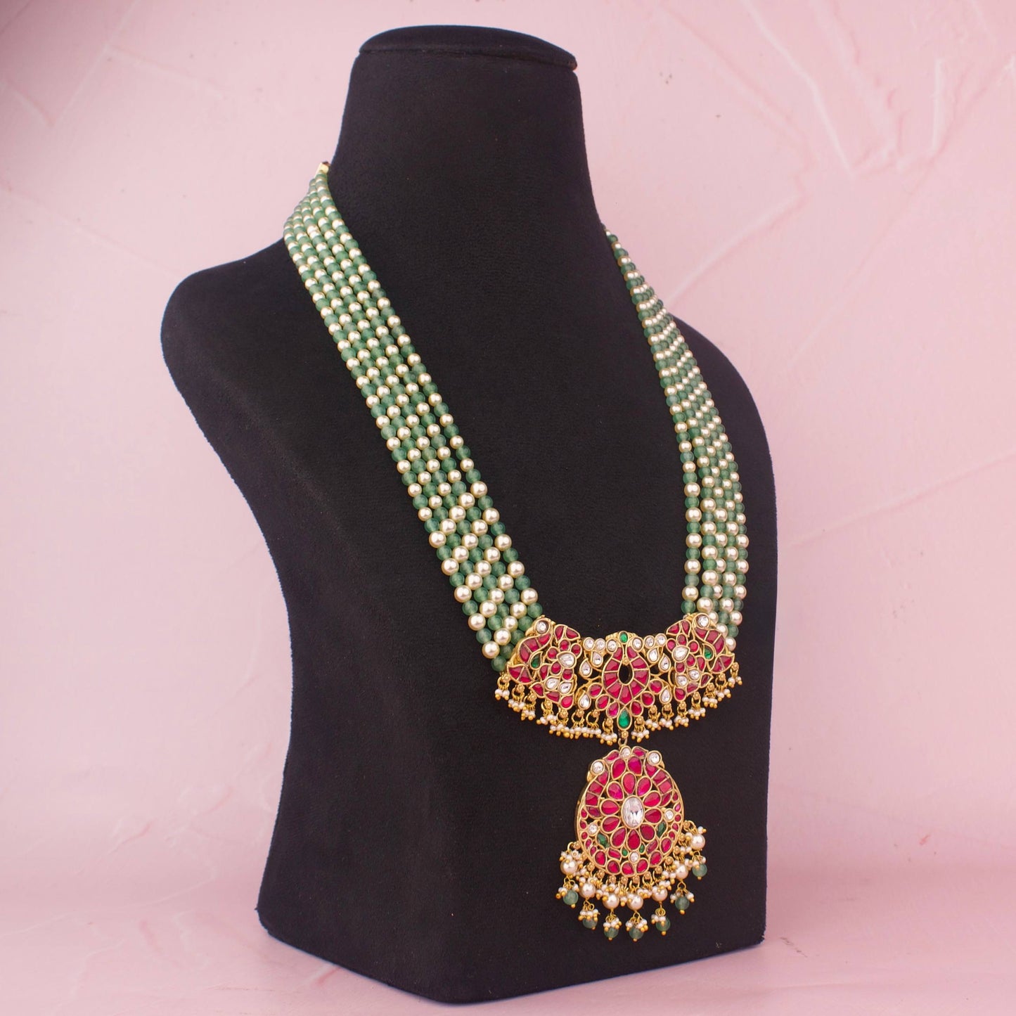 Shahi Multi-Layer Green Bead Necklace With Jadau Kundan Floral Guttapusalu Style Locket
